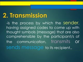 2. Transmission
-is the process by which the sender,
having assigned codes to come up with
thought symbols (message) that are also
comprehensible by the participant/s of
the communication, transmits or
sends message to its recipient..
 