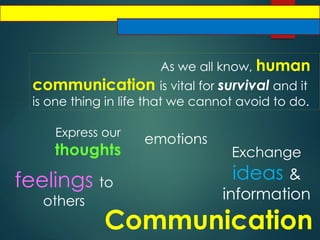 As we all know, human
communication is vital for survival and it
is one thing in life that we cannot avoid to do.
Express our
thoughts Exchange
ideas &
information
feelings to
others
emotions
Communication
 
