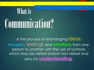 Whatis
Communication?
-is the process of exchanging ideas,
thoughts, feelings and emotions from one
person to another with the use of symbols
which may be verbal and/or non-verbal and
aims for understanding.
 