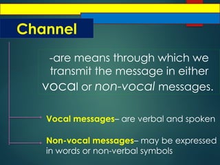 Channel
-are means through which we
transmit the message in either
vocal or non-vocal messages.
Vocal messages– are verbal and spoken
Non-vocal messages– may be expressed
in words or non-verbal symbols
 