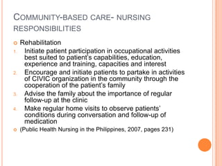 COMMUNITY-BASED CARE- NURSING
RESPONSIBILITIES
    Rehabilitation
1.    Initiate patient participation in occupational activities
      best suited to patient’s capabilities, education,
      experience and training, capacities and interest
2.    Encourage and initiate patients to partake in activities
      of CIVIC organization in the community through the
      cooperation of the patient’s family
3.    Advise the family about the importance of regular
      follow-up at the clinic
4.    Make regular home visits to observe patients’
      conditions during conversation and follow-up of
      medication
    (Public Health Nursing in the Philippines, 2007, pages 231)
 