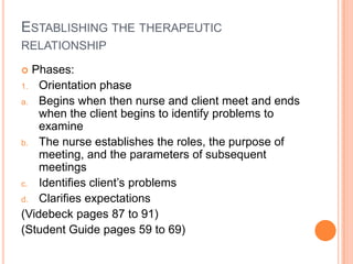 ESTABLISHING THE THERAPEUTIC
RELATIONSHIP

 Phases:
1. Orientation phase
a. Begins when then nurse and client meet and ends
    when the client begins to identify problems to
    examine
b. The nurse establishes the roles, the purpose of
    meeting, and the parameters of subsequent
    meetings
c. Identifies client’s problems
d. Clarifies expectations
(Videbeck pages 87 to 91)
(Student Guide pages 59 to 69)
 