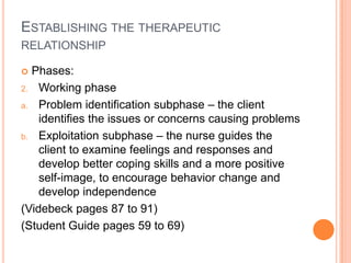 ESTABLISHING THE THERAPEUTIC
RELATIONSHIP

 Phases:
2. Working phase

a. Problem identification subphase – the client
    identifies the issues or concerns causing problems
b. Exploitation subphase – the nurse guides the
    client to examine feelings and responses and
    develop better coping skills and a more positive
    self-image, to encourage behavior change and
    develop independence
(Videbeck pages 87 to 91)
(Student Guide pages 59 to 69)
 