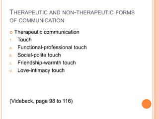 THERAPEUTIC AND NON-THERAPEUTIC FORMS
OF COMMUNICATION

    Therapeutic communication
1.    Touch
a.    Functional-professional touch
b.    Social-polite touch
c.    Friendship-warmth touch
d.    Love-intimacy touch




(Videbeck, page 98 to 116)
 