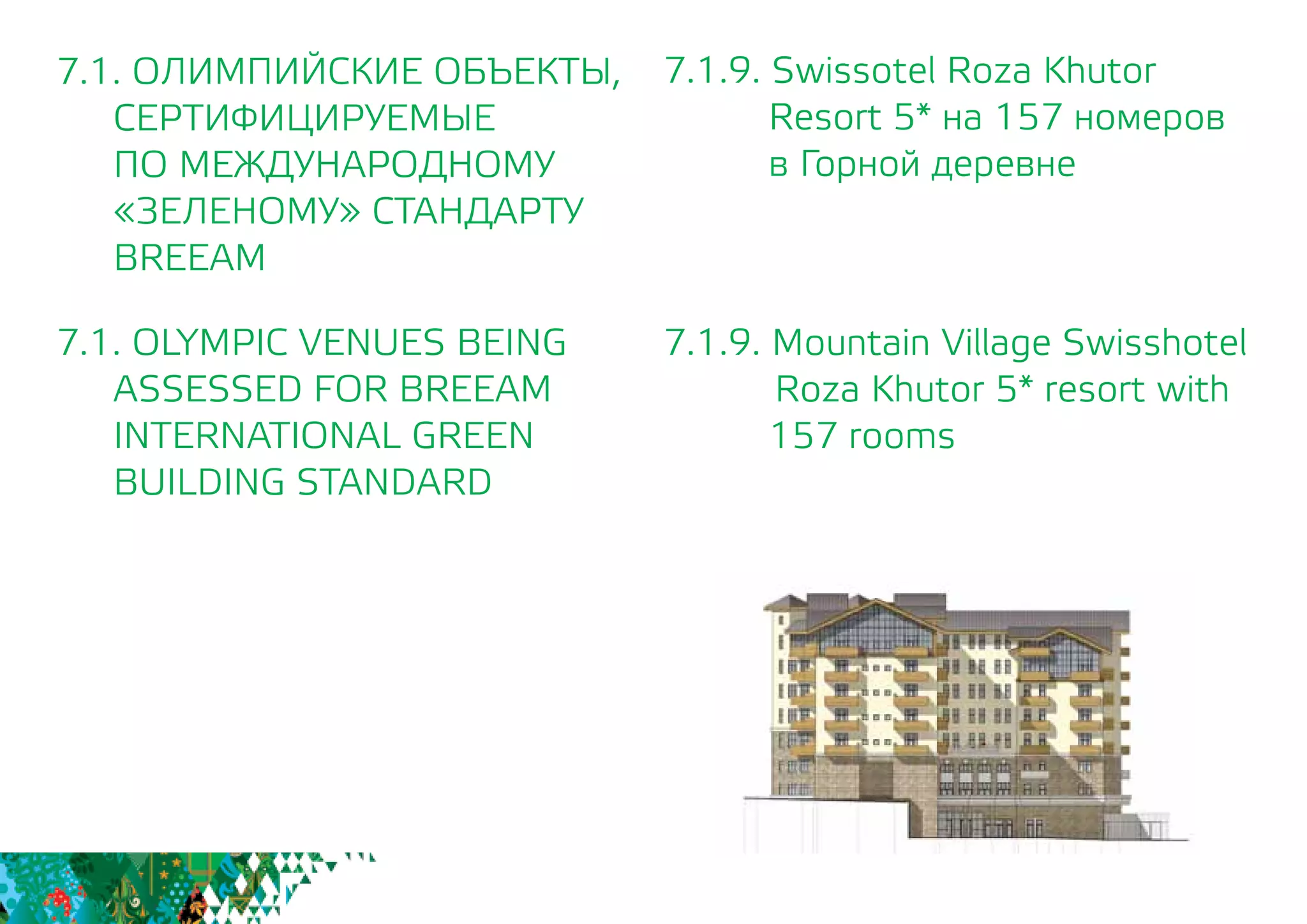 7.1.9. Swissotel Roza Khutor 	
Resort 5* на 157 номеров
в Горной деревне
7.1.9. Mountain Village Swisshotel
		Roza Khutor 5* resort with
157 rooms
7.1. ОЛИМПИЙСКИЕ ОБЪЕКТЫ,
СЕРТИФИЦИРУЕМЫЕ
	 ПО МЕЖДУНАРОДНОМУ
	 «ЗЕЛЕНОМУ» СТАНДАРТУ
	BREEAM
7.1. OLYMPIC VENUES BEING
	 ASSESSED FOR BREEAM
INTERNATIONAL GREEN
BUILDING STANDARD
 
