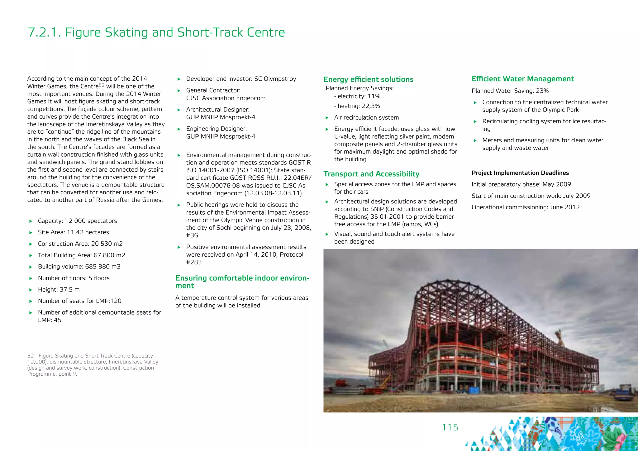 115
Efficient Water Management
Planned Water Saving: 23%
	 Connection to the centralized technical water
supply system of the Olympic Park
	 Recirculating cooling system for ice resurfac-
ing
	 Meters and measuring units for clean water
supply and waste water
Project Implementation Deadlines
Initial preparatory phase: May 2009
Start of main construction work: July 2009
Operational commissioning: June 2012
7.2.1. Figure Skating and Short-Track Centre
	 Capacity: 12 000 spectators
	 Site Area: 11.42 hectares
	 Construction Area: 20 530 m2
	 Total Building Area: 67 800 m2
	 Building volume: 685 880 m3
	 Number of floors: 5 floors
	 Height: 37.5 m
	 Number of seats for LMP:120
	 Number of additional demountable seats for
LMP: 45
	 Developer and investor: SC Olympstroy
	 General Contractor: 			
CJSC Association Engeocom
	 Architectural Designer: 			
GUP MNIIP Mosproekt-4
	 Engineering Designer: 			
GUP MNIIP Mosproekt-4
	 Environmental management during construc-
tion and operation meets standards GOST R
ISO 14001-2007 (ISO 14001): State stan-
dard certificate GOST ROSS RU.I.122.04ER/
ОS.SAM.00076-08 was issued to CJSC As-
sociation Engeocom (12.03.08-12.03.11)
	 Public hearings were held to discuss the
results of the Environmental Impact Assess-
ment of the Olympic Venue construction in
the city of Sochi beginning on July 23, 2008,
#3G
	 Positive environmental assessment results
were received on April 14, 2010, Protocol
#283
Ensuring comfortable indoor environ-
ment
A temperature control system for various areas
of the building will be installed
52 - Figure Skating and Short-Track Centre (capacity
12,000), dismountable structure, Imeretinskaya Valley
(design and survey work, construction). Construction
Programme, point 9.
According to the main concept of the 2014
Winter Games, the Centre52 will be one of the
most important venues. During the 2014 Winter
Games it will host figure skating and short-track
competitions. The façade colour scheme, pattern
and curves provide the Centre’s integration into
the landscape of the Imeretinskaya Valley as they
are to “continue” the ridge-line of the mountains
in the north and the waves of the Black Sea in
the south. The Centre’s facades are formed as a
curtain wall construction finished with glass units
and sandwich panels. The grand stand lobbies on
the first and second level are connected by stairs
around the building for the convenience of the
spectators. The venue is a demountable structure
that can be converted for another use and relo-
cated to another part of Russia after the Games.
Energy efficient solutions
Planned Energy Savings:
- electricity: 11%
- heating: 22,3%
	 Air recirculation system
	 Energy efficient facade: uses glass with low
U-value, light reflecting silver paint, modern
composite panels and 2-chamber glass units
for maximum daylight and optimal shade for
the building
Transport and Accessibility
	 Special access zones for the LMP and spaces
for their cars
	 Architectural design solutions are developed
according to SNiP (Construction Codes and
Regulations) 35-01-2001 to provide barrier-
free access for the LMP (ramps, WCs)
	 Visual, sound and touch alert systems have
been designed
 