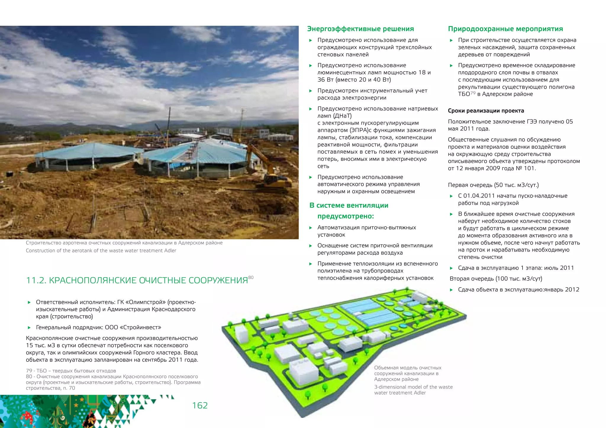 162
Энергоэффективные решения
	 Предусмотрено использование для
ограждающих конструкций трехслойных
стеновых панелей
	 Предусмотрено использование
люминесцентных ламп мощностью 18 и
36 Вт (вместо 20 и 40 Вт)
	 Предусмотрен инструментальный учет
расхода электроэнергии
	 Предусмотрено использование натриевых
ламп (ДНаТ)
с электронным пускорегулирующим
аппаратом (ЭПРА)с функциями зажигания
лампы, стабилизации тока, компенсации
реактивной мощности, фильтрации
поставляемых в сеть помех и уменьшения
потерь, вносимых ими в электрическую
сеть
	 Предусмотрено использование
автоматического режима управления
наружным и охранным освещением
В системе вентиляции
предусмотрено:
	 Автоматизация приточно-вытяжных
установок
	 Оснащение систем приточной вентиляции
регуляторами расхода воздуха
	 Применение теплоизоляции из вспененного
полиэтилена на трубопроводах
теплоснабжения калориферных установок
Природоохранные мероприятия
	 При строительстве осуществляется охрана
зеленых насаждений, защита сохраненных
деревьев от повреждений
	 Предусмотрено временное складирование
плодородного слоя почвы в отвалах
с последующим использованием для
рекультивации существующего полигона
ТБО79 в Адлерском районе
Сроки реализации проекта
Положительное заключение ГЭЭ получено 05
мая 2011 года.
Общественные слушания по обсуждению
проекта и материалов оценки воздействия
на окружающую среду строительства
описываемого объекта утверждены протоколом
от 12 января 2009 года № 101.
Первая очередь (50 тыс. м3/сут.)
	 С 01.04.2011 начаты пуско-наладочные
работы под нагрузкой
	 В ближайшее время очистные сооружения
наберут необходимое количество стоков
и будут работать в циклическом режиме
до момента образования активного ила в
нужном объеме, после чего начнут работать
на проток и нарабатывать необходимую
степень очистки
	 Сдача в эксплуатацию 1 этапа: июль 2011
Вторая очередь (100 тыс. м3/сут)
	 Сдача объекта в эксплуатацию:январь 2012
11.2. КРАСНОПОЛЯНСКИЕ ОЧИСТНЫЕ СООРУЖЕНИЯ
80
	 Ответственный исполнитель: ГК «Олимпстрой» (проектно-
изыскательные работы) и Администрация Краснодарского
края (строительство)
	 Генеральный подрядчик: ООО «Стройинвест»
Краснополянские очистные сооружения производительностью 	
15 тыс. м3 в сутки обеспечат потребности как поселкового
округа, так и олимпийских сооружений Горного кластера. Ввод
объекта в эксплуатацию запланирован на сентябрь 2011 года.
79 - ТБО – твердых бытовых отходов
80 - Очистные сооружения канализации Краснополянского поселкового
округа (проектные и изыскательские работы, строительство). Программа
строительства, п. 70
Строительство аэротенка очистных сооружений канализации в Адлерском районе
Construction of the aerotank of the waste water treatment Adler
Объемная модель очистных
сооружений канализации в
Адлерском районе
3-dimensional model of the waste
water treatment Adler
 