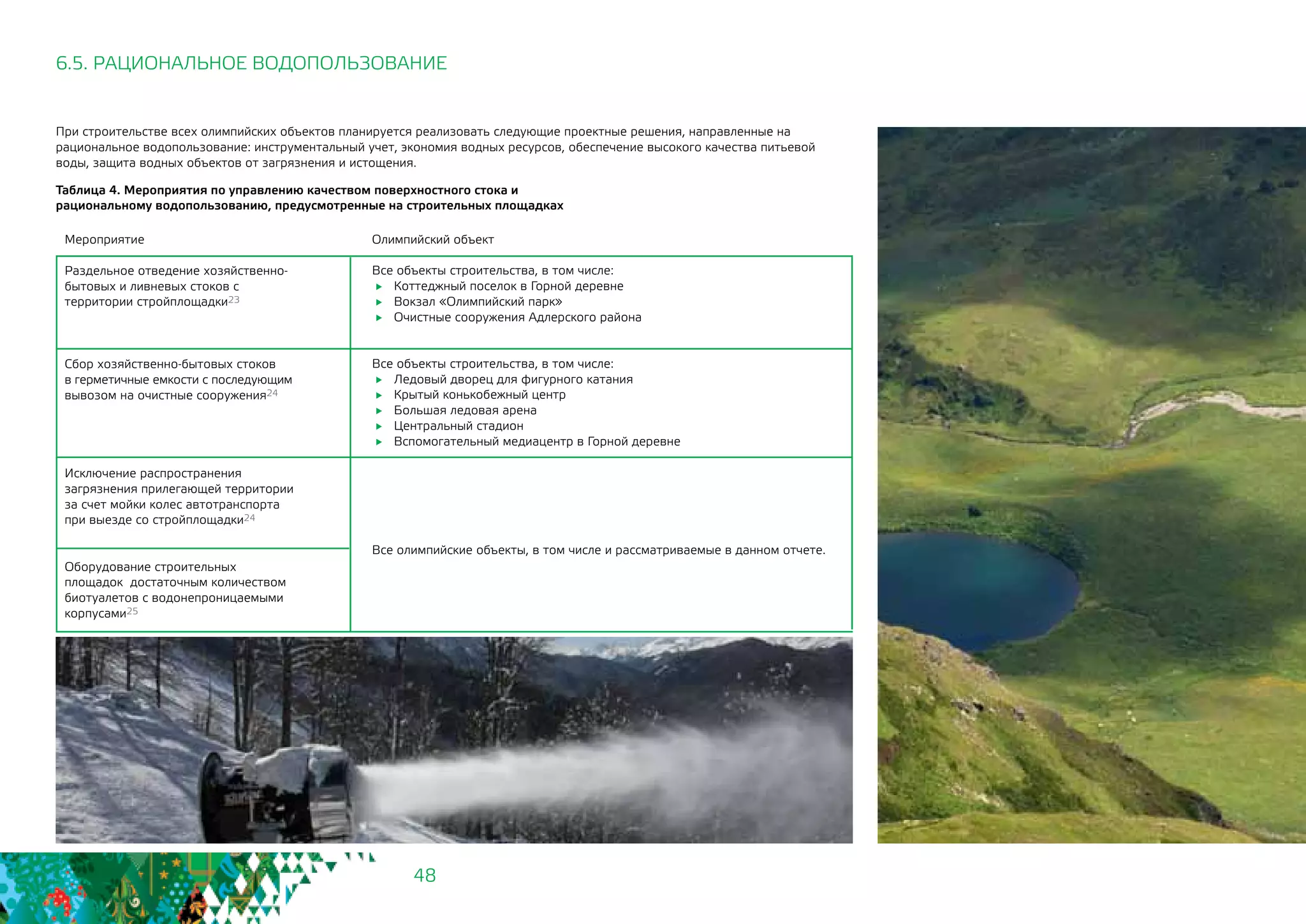 48
6.5. РАЦИОНАЛЬНОЕ ВОДОПОЛЬЗОВАНИЕ
При строительстве всех олимпийских объектов планируется реализовать следующие проектные решения, направленные на
рациональное водопользование: инструментальный учет, экономия водных ресурсов, обеспечение высокого качества питьевой
воды, защита водных объектов от загрязнения и истощения.
Мероприятие
Раздельное отведение хозяйственно-
бытовых и ливневых стоков с
территории стройплощадки23
Сбор хозяйственно-бытовых стоков
в герметичные емкости с последующим
вывозом на очистные сооружения24
Исключение распространения
загрязнения прилегающей территории
за счет мойки колес автотранспорта
при выезде со стройплощадки24
Оборудование строительных
площадок достаточным количеством
биотуалетов с водонепроницаемыми
корпусами25
Олимпийский объект
Все объекты строительства, в том числе:
	 Коттеджный поселок в Горной деревне
	 Вокзал «Олимпийский парк»
	 Очистные сооружения Адлерского района
Все объекты строительства, в том числе:
	 Ледовый дворец для фигурного катания
	 Крытый конькобежный центр
	 Большая ледовая арена
	 Центральный стадион
	 Вспомогательный медиацентр в Горной деревне
Все олимпийские объекты, в том числе и рассматриваемые в данном отчете.
Таблица 4. Мероприятия по управлению качеством поверхностного стока и
рациональному водопользованию, предусмотренные на строительных площадках
 