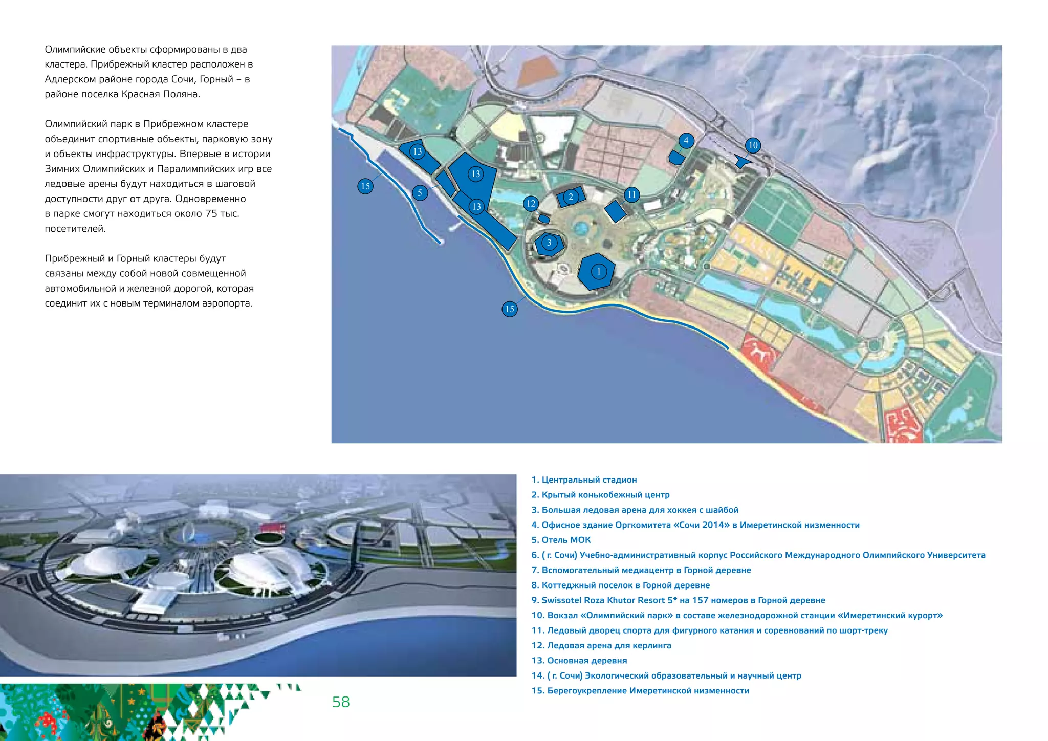 58
4
1
3
25
10
11
12
13
13
13
15
15
Олимпийские объекты сформированы в два
кластера. Прибрежный кластер расположен в
Адлерском районе города Сочи, Горный – в
районе поселка Красная Поляна.
Олимпийский парк в Прибрежном кластере
объединит спортивные объекты, парковую зону
и объекты инфраструктуры. Впервые в истории
Зимних Олимпийских и Паралимпийских игр все
ледовые арены будут находиться в шаговой
доступности друг от друга. Одновременно
в парке смогут находиться около 75 тыс.
посетителей.
Прибрежный и Горный кластеры будут
связаны между собой новой совмещенной
автомобильной и железной дорогой, которая
соединит их с новым терминалом аэропорта.
1. Центральный стадион
2. Крытый конькобежный центр
3. Большая ледовая арена для хоккея с шайбой
4. Офисное здание Оргкомитета «Сочи 2014» в Имеретинской низменности
5. Отель МОК
6. ( г. Сочи) Учебно-административный корпус Российского Международного Олимпийского Университета
7. Вспомогательный медиацентр в Горной деревне
8. Коттеджный поселок в Горной деревне
9. Swissotel Roza Khutor Resort 5* на 157 номеров в Горной деревне
10. Вокзал «Олимпийский парк» в составе железнодорожной станции «Имеретинский курорт»
11. Ледовый дворец спорта для фигурного катания и соревнований по шорт-треку
12. Ледовая арена для керлинга
13. Основная деревня
14. ( г. Сочи) Экологический образовательный и научный центр
15. Берегоукрепление Имеретинской низменности
 