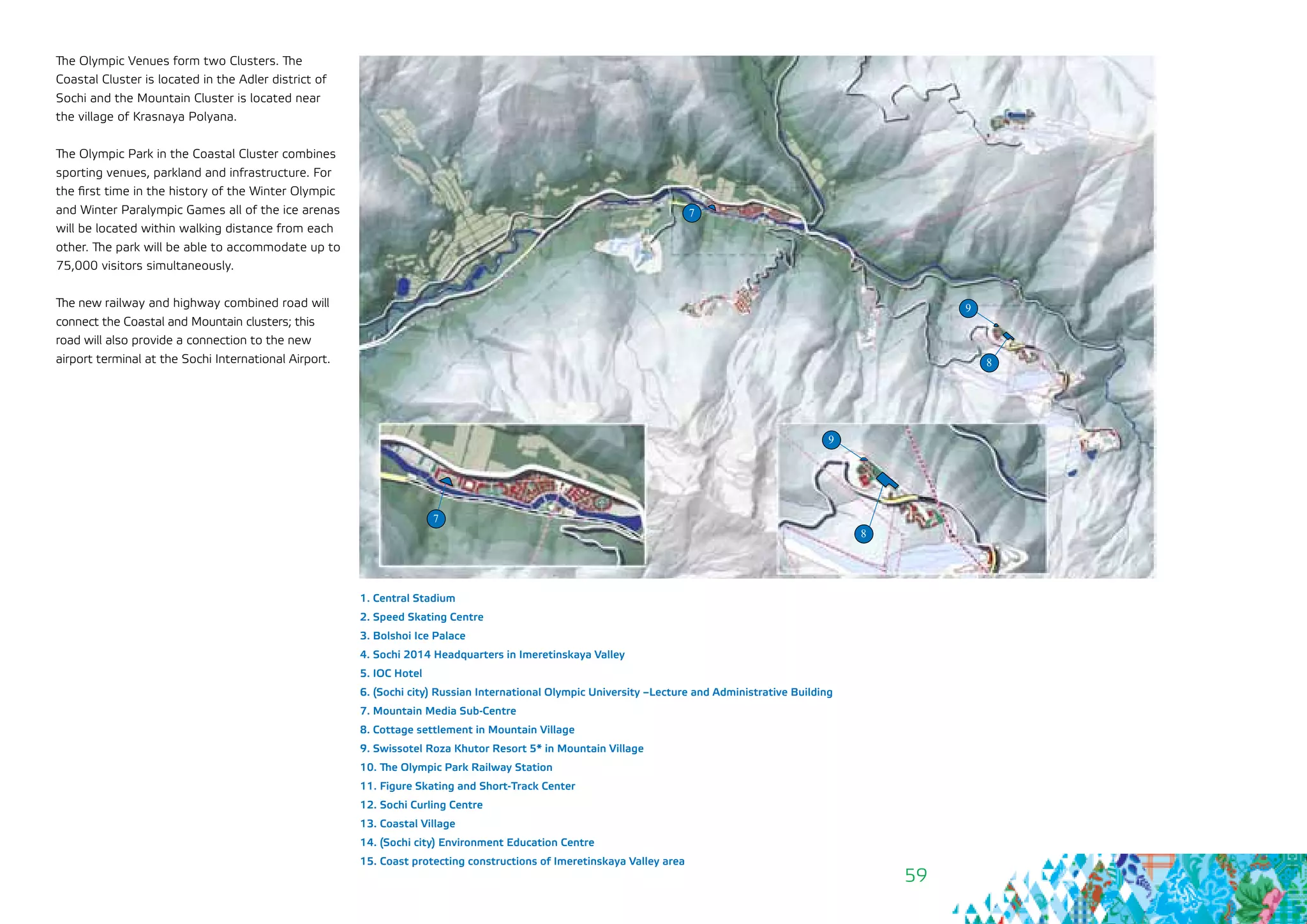 59
The Olympic Venues form two Clusters. The
Coastal Cluster is located in the Adler district of
Sochi and the Mountain Cluster is located near
the village of Krasnaya Polyana.
The Olympic Park in the Coastal Cluster combines
sporting venues, parkland and infrastructure. For
the first time in the history of the Winter Olympic
and Winter Paralympic Games all of the ice arenas
will be located within walking distance from each
other. The park will be able to accommodate up to
75,000 visitors simultaneously.
The new railway and highway combined road will
connect the Coastal and Mountain clusters; this
road will also provide a connection to the new
airport terminal at the Sochi International Airport.
7
8
9
7
9
8
1. Central Stadium
2. Speed Skating Centre
3. Bolshoi Ice Palace
4. Sochi 2014 Headquarters in Imeretinskaya Valley
5. IOC Hotel
6. (Sochi city) Russian International Olympic University –Lecture and Administrative Building
7. Mountain Media Sub-Centre
8. Cottage settlement in Mountain Village
9. Swissotel Roza Khutor Resort 5* in Mountain Village
10. The Olympic Park Railway Station
11. Figure Skating and Short-Track Center
12. Sochi Curling Centre
13. Coastal Village
14. (Sochi city) Environment Education Centre
15. Coast protecting constructions of Imeretinskaya Valley area
 