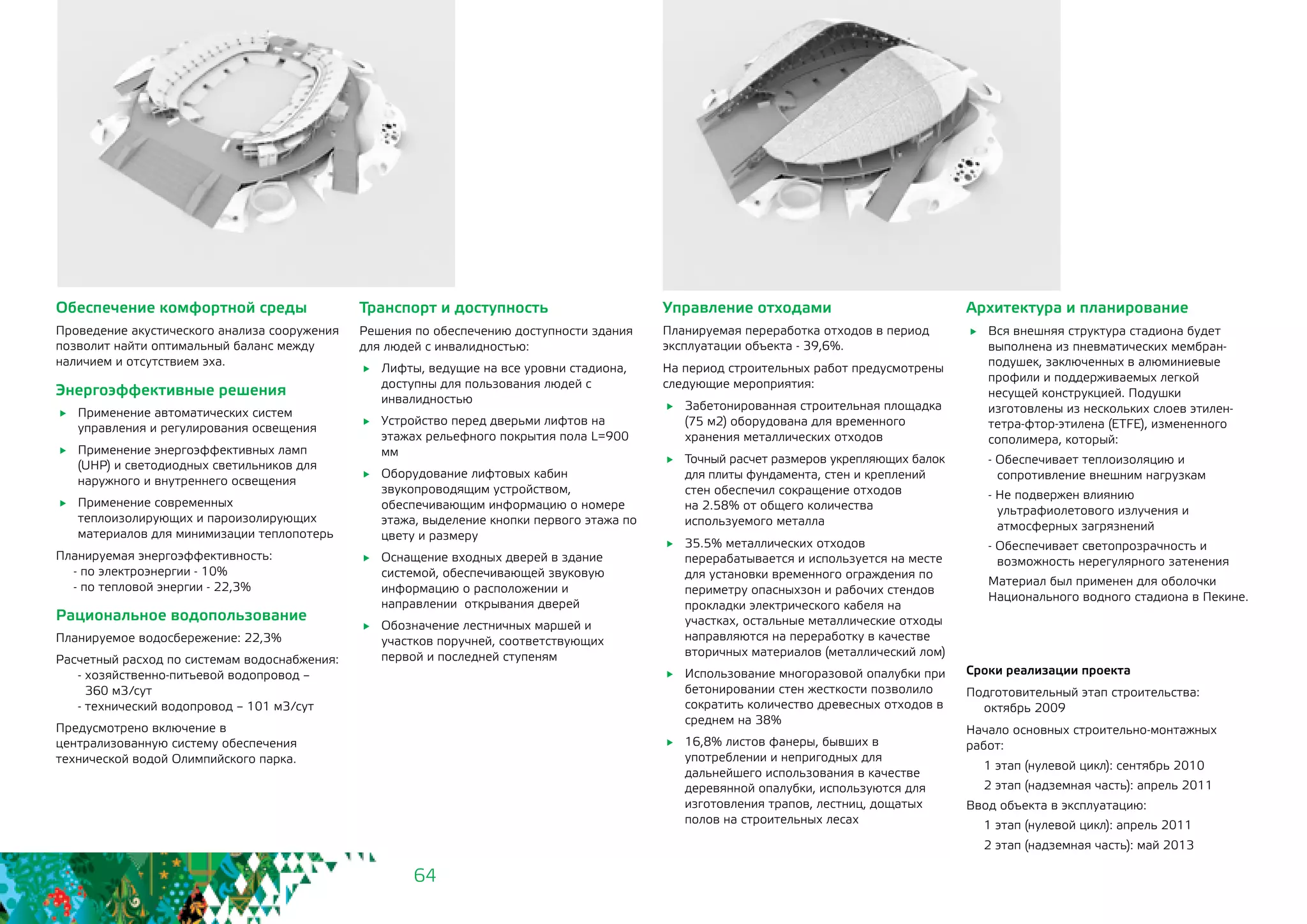 64
Обеспечение комфортной среды
Проведение акустического анализа сооружения
позволит найти оптимальный баланс между
наличием и отсутствием эха.
Энергоэффективные решения
	 Применение автоматических систем
управления и регулирования освещения
	 Применение энергоэффективных ламп
(UHP) и светодиодных светильников для
наружного и внутреннего освещения
	 Применение современных
теплоизолирующих и пароизолирующих
материалов для минимизации теплопотерь
Планируемая энергоэффективность:
- по электроэнергии - 10%
- по тепловой энергии - 22,3%
Рациональное водопользование
Планируемое водосбережение: 22,3%
Расчетный расход по системам водоснабжения:
- хозяйственно-питьевой водопровод – 		
360 м3/сут
- технический водопровод – 101 м3/сут
Предусмотрено включение в
централизованную систему обеспечения
технической водой Олимпийского парка.
Транспорт и доступность
Решения по обеспечению доступности здания
для людей с инвалидностью:
	 Лифты, ведущие на все уровни стадиона,
доступны для пользования людей с
инвалидностью
	 Устройство перед дверьми лифтов на
этажах рельефного покрытия пола L=900
мм
	 Оборудование лифтовых кабин
звукопроводящим устройством,
обеспечивающим информацию о номере
этажа, выделение кнопки первого этажа по
цвету и размеру
	 Оснащение входных дверей в здание
системой, обеспечивающей звуковую
информацию о расположении и
направлении открывания дверей
	 Обозначение лестничных маршей и
участков поручней, соответствующих
первой и последней ступеням
Управление отходами
Планируемая переработка отходов в период
эксплуатации объекта - 39,6%.
На период строительных работ предусмотрены
следующие мероприятия:
	 Забетонированная строительная площадка
(75 м2) оборудована для временного
хранения металлических отходов
	 Точный расчет размеров укрепляющих балок
для плиты фундамента, стен и креплений
стен обеспечил сокращение отходов
на 2.58% от общего количества
используемого металла
	 35.5% металлических отходов
перерабатывается и используется на месте
для установки временного ограждения по
периметру опасныхзон и рабочих стендов
прокладки электрического кабеля на
участках, остальные металлические отходы
направляются на переработку в качестве
вторичных материалов (металлический лом)
	 Использование многоразовой опалубки при
бетонировании стен жесткости позволило
сократить количество древесных отходов в
среднем на 38%
	 16,8% листов фанеры, бывших в
употреблении и непригодных для
дальнейшего использования в качестве
деревянной опалубки, используются для
изготовления трапов, лестниц, дощатых
полов на строительных лесах
Архитектура и планирование
	 Вся внешняя структура стадиона будет
выполнена из пневматических мембран-
подушек, заключенных в алюминиевые
профили и поддерживаемых легкой
несущей конструкцией. Подушки
изготовлены из нескольких слоев этилен-
тетра-фтор-этилена (ETFE), измененного
сополимера, который:
- Обеспечивает теплоизоляцию и
сопротивление внешним нагрузкам
- Не подвержен влиянию
ультрафиолетового излучения и
атмосферных загрязнений
- Обеспечивает светопрозрачность и
возможность нерегулярного затенения
Материал был применен для оболочки
Национального водного стадиона в Пекине.
Сроки реализации проекта
Подготовительный этап строительства: 	
октябрь 2009
Начало основных строительно-монтажных
работ:
1 этап (нулевой цикл): сентябрь 2010
2 этап (надземная часть): апрель 2011
Ввод объекта в эксплуатацию:
1 этап (нулевой цикл): апрель 2011
2 этап (надземная часть): май 2013
 