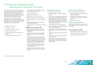 105
7.1.9. Mountain Village Swisshotel
	 Roza Khutor 5* resort with 157 rooms
The 5* Swiss Hotel at Roza Khutor Resort has
157 rooms and is located at the North-Western
Edge of the Mountain Village’s territory49. The
hotel building is made in the traditional chalet
style with sloping roofs. The spatial design of the
residential part of the building allows for its use
during the Olympic and Paralympic Games.
Part of the hotel rooms will be temporarily
redesigned to provide functional space for the Na-
tional Olympic Committee (medical offices, offices,
meeting rooms, etc). The hotel is planned to host
six delegations totaling 324 persons.
	 Building area: 4,637 m2
	 Total area: 21,918 m2
	 Area number of rooms: 7,298 m2
	 Number of floors: 8 floors
	 Number of guest beds for people with a dis-
ability: 30
	 Number of parking places for cyclists: 20
	 Responsible Executive: Ski Resort Develop-
ment Company Roza Khutor Ltd.
	 Investor: Roza Khutor Ltd.
	 Developer: Roza Khutor Ltd.
	 General Contractor: SC Stroyprofi Ltd.
	 BREEAM Assessor: PRP International (UK)
	 Architectural Designer: Company Group of Arc
Ltd.
	 Engineering Designer: State Enterprise MO
MOSGRAZHDANPROEKT
	 Post-Games Owner: Holding Company INTER-
ROSS
BREEAM International Bespoke 2008
	 Tentative date for obtaining intermediate
BREEAM certification for the venue project:
October 2011
	 Tentative date for obtaining final BREEAM
certification for the built venue: December
2013
	 Environmental management during construc-
tion and operation in accordance with the re-
quirements of GOST R ISO 14001-2007 (ISO
14001): A certificate was issued by GOST
ROSS RU.I122.04ER/OS.SEM.01042-09 to
SK Stroyprofi Ltd. (16.12.09-16.12.12)
	 Public consultations were held, the Environ-
mental Impact Assessment dated July 21,
2010, № 146-OS
	 Conclusions of the National Environmental
Review Authority will be received in Septem-
ber 2011
Energy efficient solutions
Planned energy savings: 23-28%
	 Usage of gas-stations and solar collectors is
planned
	 In boiler rooms, condensing gas boilers will be
used with boiler controllers; this will reduce
gas consumption by 15% compared to con-
ventional heat recovery boilers. To recover en-
ergy in supply-exhaust systems recuperators
will be used; this will reduce heat consumption
by 3% of total consumption
	 Installation of heat energy metering hubs
	 Heat willl bereleased automatically depending
on the temperature outside
	 Water heaters in water heating systems will
be equipped with automatic heat flux regula-
tors
	 Highly efficient thermal insulation of pipes will
be used
	 Automatic evacuation lighting and fluorescent
lamps will be used
	 The feasibility of solar batteries usage has
been confirmed; solar batteries will be used in
outdoor lighting devices and for architectural
facade lighting
Efficient water management
Saving up to 40% of water consumption
	 Installation of safety and control valves for
water supply systems
	 Installation of water meters with remote
transmission of information for measuring
water flow
	 Water saving plumbing
Transport and accessibility
According to the project the number of apart-
ments designated for the disabled should be 5%
of the total
Project implementation deadlines
Initial preparatory phase: November 2010
Start of main construction work: May 2011
Operational commissioning: April 2013
49 - Mountain Village (capacity 2,600) (design and survey
work, construction). Construction Programme, point 16.
 