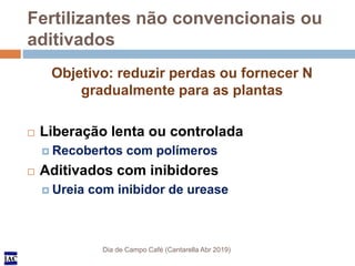 IACIAC
Fertilizantes não convencionais ou
aditivados
Dia de Campo Café (Cantarella Abr 2019)
Objetivo: reduzir perdas ou f...