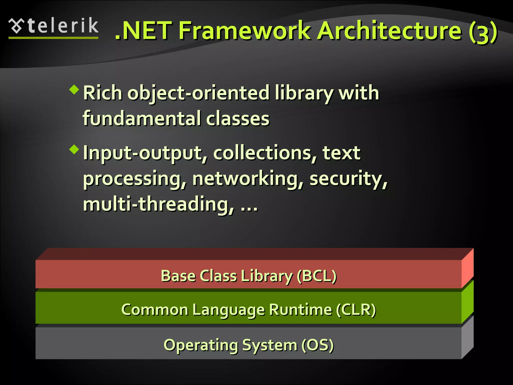 Operating System (OS)Operating System (OS)
Common Language Runtime (CLR)Common Language Runtime (CLR)
Base Class Library (BCL)Base Class Library (BCL)
.NET Framework Architecture.NET Framework Architecture ((33))
Rich object-oriented library withRich object-oriented library with
fundamental classesfundamental classes
Input-output, collections, textInput-output, collections, text
processing, networking,processing, networking, securitysecurity,,
multi-threadingmulti-threading,, ……
 