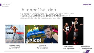 A escolha dos
influenciadores
Entender o papel dos influenciadores para cada
segmento é importante para evitar haters e
desperdício de investimento em mídia
03
Case Black
November
Fê Medeiros
1,1 Mi seguidores
Jade Barbosa
797K seguidores
Gelli Clash
4,3 Mi inscritos
Fezinho Pataty
2,3 Mi inscritos
 