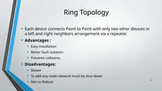 • Each device connects Point to Point with only two other devices in
a left and right neighbors arrangement via a repeater.
• Advantages :
• Easy installation
• Better fault isolation
• Prevents collisions.
• Disadvantages:
• Slower
• To add any node network must be shut down
• Not so Robust
13
Ring Topology
 