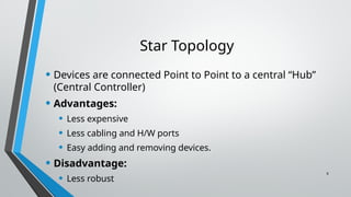 Star Topology
• Devices are connected Point to Point to a central “Hub”
(Central Controller)
• Advantages:
• Less expensive
• Less cabling and H/W ports
• Easy adding and removing devices.
• Disadvantage:
• Less robust
9
 