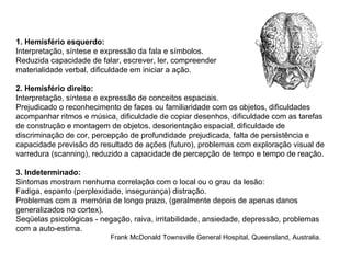 1. Hemisfério esquerdo:  Interpretação, síntese e expressão da fala e símbolos.  Reduzida capacidade de falar, escrever, ler, compreender  materialidade verbal, dificuldade em iniciar a ação.  2. Hemisfério direito:  Interpretação, síntese e expressão de conceitos espaciais.  Prejudicado o reconhecimento de faces ou familiaridade com os objetos, dificuldades acompanhar ritmos e música, dificuldade de copiar desenhos, dificuldade com as tarefas de construção e montagem de objetos, desorientação espacial, dificuldade de discriminação de cor, percepção de profundidade prejudicada, falta de persistência e capacidade previsão do resultado de ações (futuro), problemas com exploração visual de varredura (scanning), reduzido a capacidade de percepção de tempo e tempo de reação.  3. Indeterminado:  Sintomas mostram nenhuma correlação com o local ou o grau da lesão:  Fadiga, espanto (perplexidade, insegurança) distração.  Problemas com a  memória de longo prazo, (geralmente depois de apenas danos generalizados no cortex).  Seqüelas psicológicas - negação, raiva, irritabilidade, ansiedade, depressão, problemas com a auto-estima. Frank McDonald Townsville General Hospital, Queensland, Australia.  