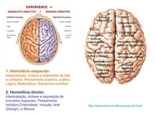 1. Hemisfério esquerdo:  Interpretação, síntese e expressão da fala e símbolos. Pensamento analítico, prático; Lógica; Matemática; Raciocínio científico   2. Hemisfério direito:  Interpretação, síntese e expressão de conceitos espaciais. Pensamento holístico;Criatividade; Intuição; Arte (Design), e Música http://brainmind.com/BrainLecture2.html   