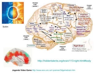 Jogando Vídeo Game   http://www.ece.uvic.ca/~pzeman/3dgamebrain.htm   http://hiddentalents.org/brain/113-right.html#body   SciAm 