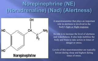 A neurotransmitter that plays an important
role in alertness is involved in the
body's fight or flight response.
Its role is to increase the level of alertness
and wakefulness. It also help mobilize the
body and brain to take action in times of
danger or stress.
Levels of this neurotransmitter are typically
lowest during sleep and highest during
times of stress.
 