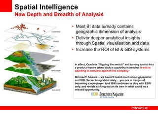 Spatial Intelligence
New Depth and Breadth of Analysis
In effect, Oracle is "flipping the switch" and turning spatial into
a product feature when such a capability is needed. It will be
daunting to compete against this company.
Microsoft, beware… we haven't heard much about geospatial
and SQL Server integration lately… you are in danger of
becoming a non-player. And IBM continues to play with ESRI
only, and resists striking out on its own in what could be a
missed opportunity.
• Most BI data already contains
geographic dimension of analysis
• Deliver deeper analytical insights
through Spatial visualisation and data
• Increase the ROI of BI & GIS systems
 