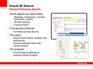 Oracle BI Search
Secure Enterprise Search
• All BI objects are searchable
– Metadata, dimensions, prompts,
hierarchies, reports, …
– All data sources
– Full text search
• Full security enforced
– Functional & data security
• For users
– Easily locate reports, analysis and
dashboards
– Execute selected report with
correct context
• For analysts
– Find all objects affected by
business model changes
 