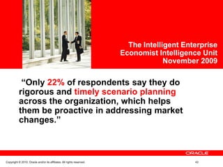 Copyright © 2010, Oracle and/or its affiliates. All rights reserved. 43
<Insert Picture Here>
“Only 22% of respondents say they do
rigorous and timely scenario planning
across the organization, which helps
them be proactive in addressing market
changes.”
The Intelligent Enterprise
Economist Intelligence Unit
November 2009
 