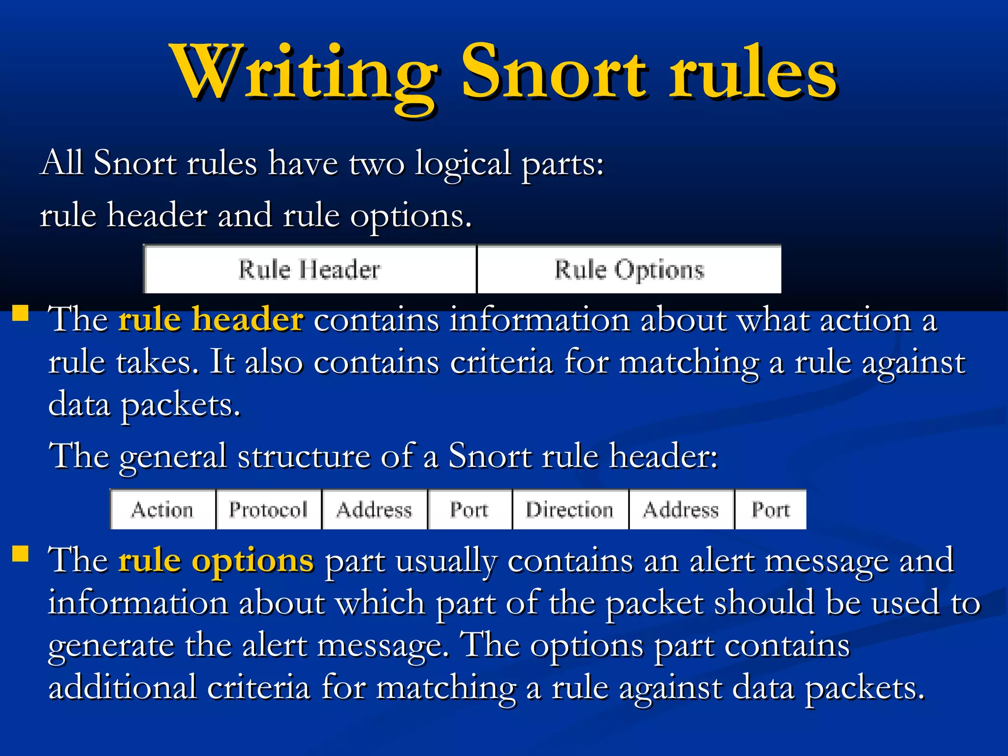 Writing Snort rulesWriting Snort rules
All Snort rules have two logical parts:All Snort rules have two logical parts:
rule header and rule options.rule header and rule options.
 TheThe rule headerrule header contains information about what action acontains information about what action a
rule takes. It also contains criteria for matching a rule againstrule takes. It also contains criteria for matching a rule against
data packets.data packets.
The general structure of a Snort rule header:The general structure of a Snort rule header:
 TheThe rule optionsrule options part usually contains an alert message andpart usually contains an alert message and
information about which part of the packet should be used toinformation about which part of the packet should be used to
generate the alert message. The options part containsgenerate the alert message. The options part contains
additional criteria for matching a rule against data packets.additional criteria for matching a rule against data packets.
 
