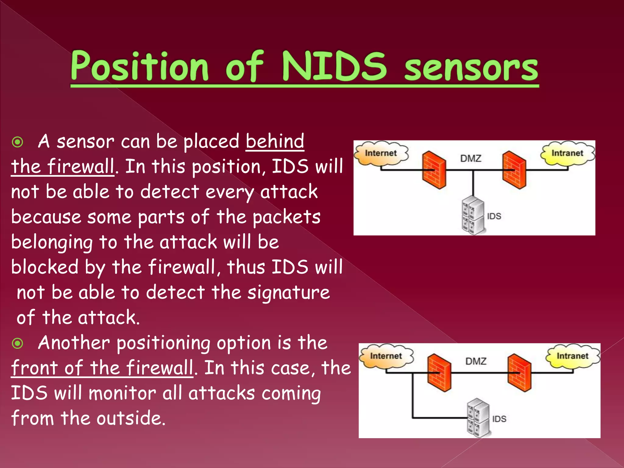  A sensor can be placed behind
the firewall. In this position, IDS will
not be able to detect every attack
because some parts of the packets
belonging to the attack will be
blocked by the firewall, thus IDS will
not be able to detect the signature
of the attack.
 Another positioning option is the
front of the firewall. In this case, the
IDS will monitor all attacks coming
from the outside.
 