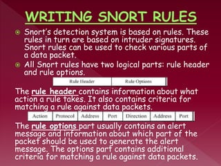  Snort’s detection system is based on rules. These
rules in turn are based on intruder signatures.
Snort rules can be used to check various parts of
a data packet.
 All Snort rules have two logical parts: rule header
and rule options.
The rule header contains information about what
action a rule takes. It also contains criteria for
matching a rule against data packets.
The rule options part usually contains an alert
message and information about which part of the
packet should be used to generate the alert
message. The options part contains additional
criteria for matching a rule against data packets.
 