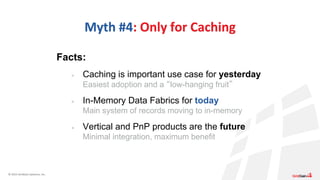 © 2015 GridGain Systems, Inc.
Myth #4: Only for Caching
Facts:
> Caching is important use case for yesterday
Easiest adoption and a “low-hanging fruit”
> In-Memory Data Fabrics for today
Main system of records moving to in-memory
> Vertical and PnP products are the future
Minimal integration, maximum benefit
 