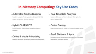 © 2015 GridGain Systems, Inc.
In-Memory Computing: Key Use Cases
> Automated Trading Systems
Real time analysis of trading positions & market risk. High
volume transactions, ultra low latencies.
> Hybrid OLAP/OLTP
Fraud Detection, Risk Analysis, Insurance rating and
modeling.
> Online & Mobile Advertising
Real time decisions, geo-targeting & retail traffic information.
> Real Time Data Analytics
Customer 360 view, real-time analysis of KPIs, up-to-the-
second operational BI.
> Online Gaming
Real-time back-ends for mobile and massively parallel games.
> SaaS Platforms & Apps
High performance next-generation architectures for Software
as a Service Application vendors.
 