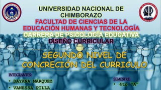 UNIVERSIDAD NACIONAL DE
CHIMBORAZO
FACULTAD DE CIENCIAS DE LA
EDUCACIÓN HUMANAS Y TECNOLOGÍA
CARRERA DE PSICOLOGÍA EDUCATIVA
DISEÑO CURRICULAR
INTEGRANTES:
• DAYANA MÁRQUEZ
• VANESSA PILLA
SEMESTRE:
• 4to “A”
 