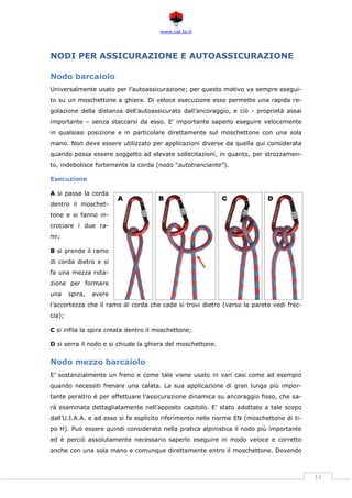 www.cat.ts.it
11
NODI PER ASSICURAZIONE E AUTOASSICURAZIONE
Nodo barcaiolo
Universalmente usato per l’autoassicurazione; per questo motivo va sempre esegui-
to su un moschettone a ghiera. Di veloce esecuzione esso permette una rapida re-
golazione della distanza dell’autoassicurato dall’ancoraggio, e ciò - proprietà assai
importante – senza staccarsi da esso. E’ importante saperlo eseguire velocemente
in qualsiasi posizione e in particolare direttamente sul moschettone con una sola
mano. Non deve essere utilizzato per applicazioni diverse da quella qui considerata
quando possa essere soggetto ad elevate sollecitazioni, in quanto, per strozzamen-
to, indebolisce fortemente la corda (nodo “autotranciante”).
Esecuzione
A si passa la corda
dentro il moschet-
tone e si fanno in-
crociare i due ra-
mi;
B si prende il ramo
di corda dietro e si
fa una mezza rota-
zione per formare
una spira, avere
l’accortezza che il ramo di corda che cade si trovi dietro (verso la parete vedi frec-
cia);
C si infila la spira creata dentro il moschettone;
D si serra il nodo e si chiude la ghiera del moschettone.
Nodo mezzo barcaiolo
E’ sostanzialmente un freno e come tale viene usato in vari casi come ad esempio
quando necessiti frenare una calata. La sua applicazione di gran lunga più impor-
tante peraltro è per effettuare l’assicurazione dinamica su ancoraggio fisso, che sa-
rà esaminata dettagliatamente nell’apposto capitolo. E’ stato adottato a tale scopo
dall’U.I.A.A. e ad esso si fa esplicito riferimento nelle norme EN (moschettone di ti-
po H). Può essere quindi considerato nella pratica alpinistica il nodo più importante
ed è perciò assolutamente necessario saperlo eseguire in modo veloce e corretto
anche con una sola mano e comunque direttamente entro il moschettone. Dovendo
 