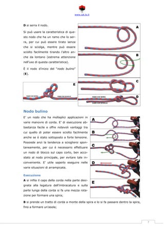 www.cat.ts.it
7
D si serra il nodo.
Si può usare la caratteristica di que-
sto nodo che ha un ramo che lo ser-
ra, per cui può essere tirato senza
che si sciolga, mentre può essere
sciolto facilmente tirando l’altro an-
che da lontano (estrema attenzione
nell’uso di questa caratteristica).
È il nodo d’inizio del “nodo bulino”
(E).
Nodo bulino
E’ un nodo che ha molteplici applicazioni in
varie manovre di corda. E’ di esecuzione ab-
bastanza facile e offre notevoli vantaggi tra
cui quello di poter essere sciolto facilmente
anche se è stato sottoposto a forte tensione.
Possiede anzi la tendenza a sciogliersi spon-
taneamente, per cui è necessario effettuare
un nodo di blocco sul capo corto, ben acco-
stato al nodo principale, per evitare tale in-
conveniente. E’ utile saperlo eseguire nelle
varie situazioni di arrampicata.
Esecuzione
A si infila il capo della corda nella parte desi-
gnata alla legatura dell’imbracatura e sulla
parte lunga della corda si fa una mezza rota-
zione per formare una spira;
B si prende un tratto di corda a monte della spira e lo si fa passare dentro la spira,
fino a formare un’asola;
 