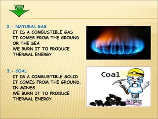 2.- NATURAL GAS
- IT IS A COMBUSTIBLE GAS
- IT COMES FROM THE GROUND
OR THE SEA
- WE BURN IT TO PRODUCE
THERMAL ENERGY
3.- COAL
- IT IS A COMBUSTIBLE SOLID
- IT COMES FROM THE GROUND,
IN MINES
- WE BURN IT TO PRODUCE
THERMAL ENERGY
 