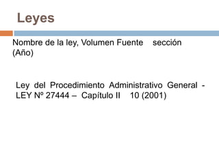 Leyes
Nombre de la ley, Volumen Fuente   sección
(Año)


Ley del Procedimiento Administrativo General -
LEY Nº 27444 – Capítulo II 10 (2001)
 