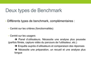 Deux types de Benchmark
• Différents types de benchmark, complémentaires :
• Centré sur les critères (fonctionnalités)
• Centré sur les usagers
 Panel d’utilisateurs. Nécessite une analyse plus poussée
(parfois filmée, capture vidéo du parcours de l’utilisateur, etc.)
 Enquête auprès d’utilisateurs et comparaison des réponses
 Nécessite une préparation, un recueil et une analyse plus
longue
 