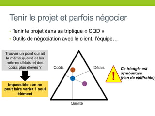 Tenir le projet et parfois négocier
• Tenir le projet dans sa triptique « CQD »
• Outils de négociation avec le client, l’équipe…
Qualité
DélaisCoûts
Trouver un point qui ait
la même qualité et les
mêmes délais, et des
coûts plus élevés ?
Impossible : on ne
peut faire varier 1 seul
élément
!
Ce triangle est
symbolique
(rien de chiffrable)
 