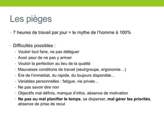 Les pièges
• 7 heures de travail par jour = le mythe de l’homme à 100%
• Difficultés possibles :
• Vouloir tout faire, ne pas déléguer
• Avoir peur de ne pas y arriver
• Vouloir la perfection au lieu de la qualité
• Mauvaises conditions de travail (seul/groupe, ergonomie…)
• Ere de l’immédiat, du rapide, du toujours disponible…
• Variables personnelles : fatigue, vie privée…
• Ne pas savoir dire non
• Objectifs mal définis, manque d’infos, absence de motivation
• Ne pas ou mal planifier le temps, se disperser, mal gérer les priorités,
absence de prise de recul
 