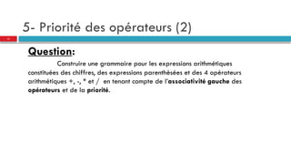 5- Priorité des opérateurs (2)
Question:
Construire une grammaire pour les expressions arithmétiques
constituées des chiffres, des expressions parenthèsées et des 4 opérateurs
arithmétiques +, -, * et / en tenant compte de l’associativité gauche des
opérateurs et de la priorité.
17
 