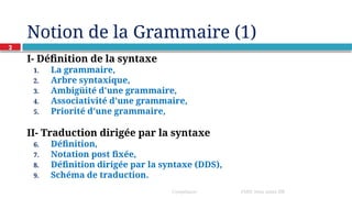 2
Notion de la Grammaire (1)
I- Définition de la syntaxe
1. La grammaire,
2. Arbre syntaxique,
3. Ambigüité d'une grammaire,
4. Associativité d'une grammaire,
5. Priorité d'une grammaire,
II- Traduction dirigée par la syntaxe
6. Définition,
7. Notation post fixée,
8. Définition dirigée par la syntaxe (DDS),
9. Schéma de traduction.
Compilation EMSI 3ème année IIR
 