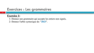 Exercices : Les grammaires
Exercice 1:
1- Donnez une grammaire qui accepte les entiers non signés,
2- Donnez l'arbre syntaxique de: "2023".
21
 