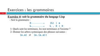 Exercices : les grammaires
Exercice 4: soit la grammaire du langage Lisp
- Soit la grammaire :
S (L) | a
L L , S | S
1- Quels sont les terminaux, les non terminaux et l'axiome ?
2- Donner les arbres syntaxiques des phrases suivantes :
(a,a) et (a,(a,a))
24
 