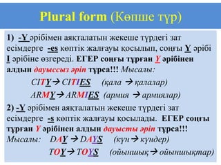 Plural form (Көпше түр)
1) -Y әрібімен аяқталатын жекеше түрдегі зат
есімдерге -es көптік жалғауы қосылып, соңғы Y әрібі
I әрібіне өзгереді. ЕГЕР соңғы тұрған Y әрібінен
алдын дауыссыз әріп тұрса!!! Мысалы:
       CITY CITIES (қала  қалалар)
       ARMY ARMIES (армия  армиялар)
2) -Y әрібімен аяқталатын жекеше түрдегі зат
есімдерге -s көптік жалғауы қосылады. ЕГЕР соңғы
тұрған Y әрібінен алдын дауысты әріп тұрса!!!
Мысалы: DAY  DAYS (күн күндер)
            TOY TOYS (ойыншық ойыншықтар)
 