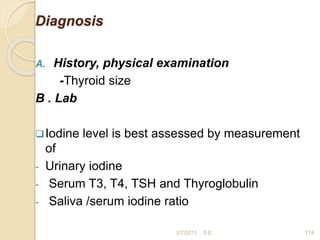 Diagnosis
A. History, physical examination
-Thyroid size
B . Lab
Iodine level is best assessed by measurement
of
- Urinary iodine
- Serum T3, T4, TSH and Thyroglobulin
- Saliva /serum iodine ratio
174
2/7/2011 S.E.
 
