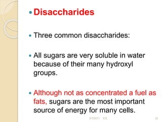 Disaccharides
 Three common disaccharides:
 All sugars are very soluble in water
because of their many hydroxyl
groups.
 Although not as concentrated a fuel as
fats, sugars are the most important
source of energy for many cells.
32
2/7/2011 S.E.
 