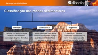 As rochas e o ciclo litológico
Classificação das rochas sedimentares
Quimiogénicas Biogénicas
Também são designadas por
clásticas, resultantes da
acumulação de grãos de rochas
preexistentes.
Resultam da precipitação de
compostos dissolvidos na água,
quando as condições físico-
químicas se alteram.
Formadas a partir de
sedimentos provenientes de
seres vivos ou da sua ação,
como, por exemplo, conchas.
Detríticas
 