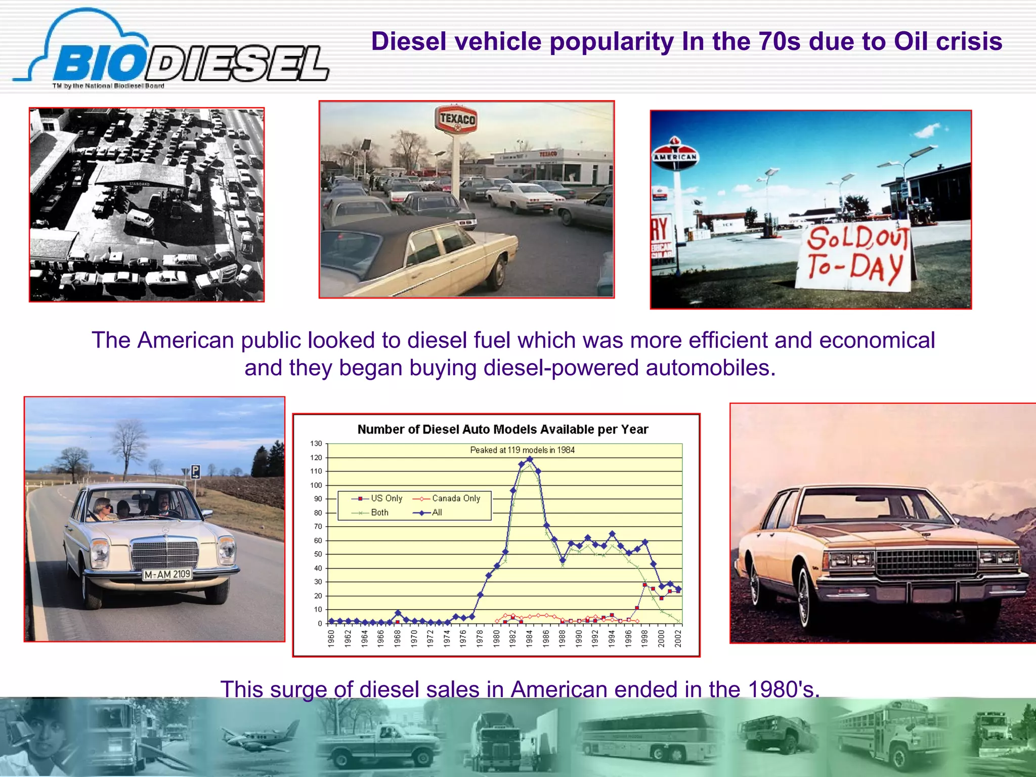 The American public looked to diesel fuel which was more efficient and economical and they began buying diesel-powered automobiles.  Diesel vehicle popularity In the 70s due to Oil crisis  This surge of diesel sales in American ended in the 1980's.  
